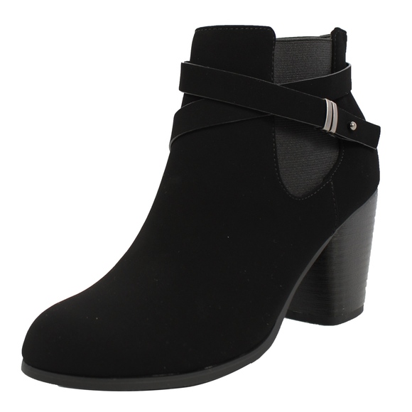 Black Strappy Elastic Stacked Heel Ankle Bootie - Picture 2 of 7